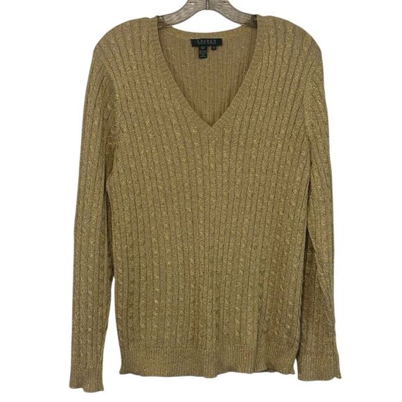 Lauren Ralph Lauren V Neck Cable Knit Silk Blend Metallic Gold Sweater - Picture 1 of 5